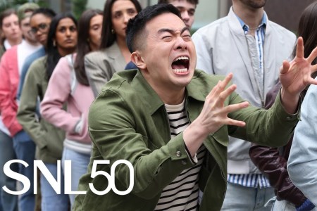 Bowen Yang waiting on line in an "SNL" sketch