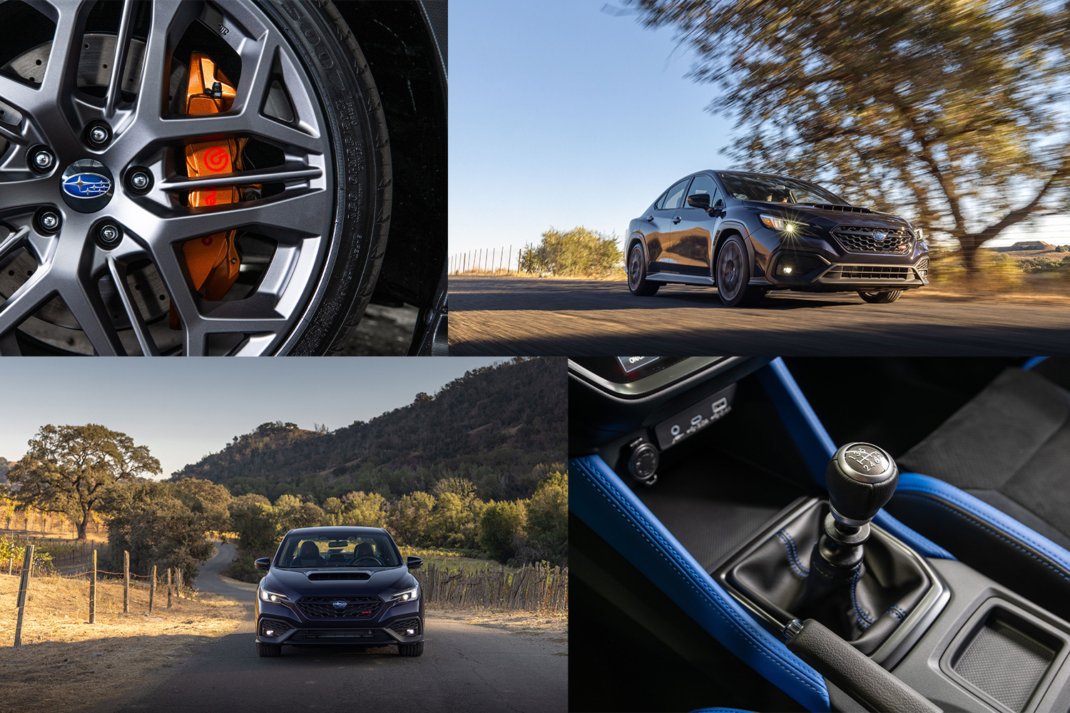 The 2025 Subaru WRX tS, with close-ups on the wheels and stick shift as well as views outside the car