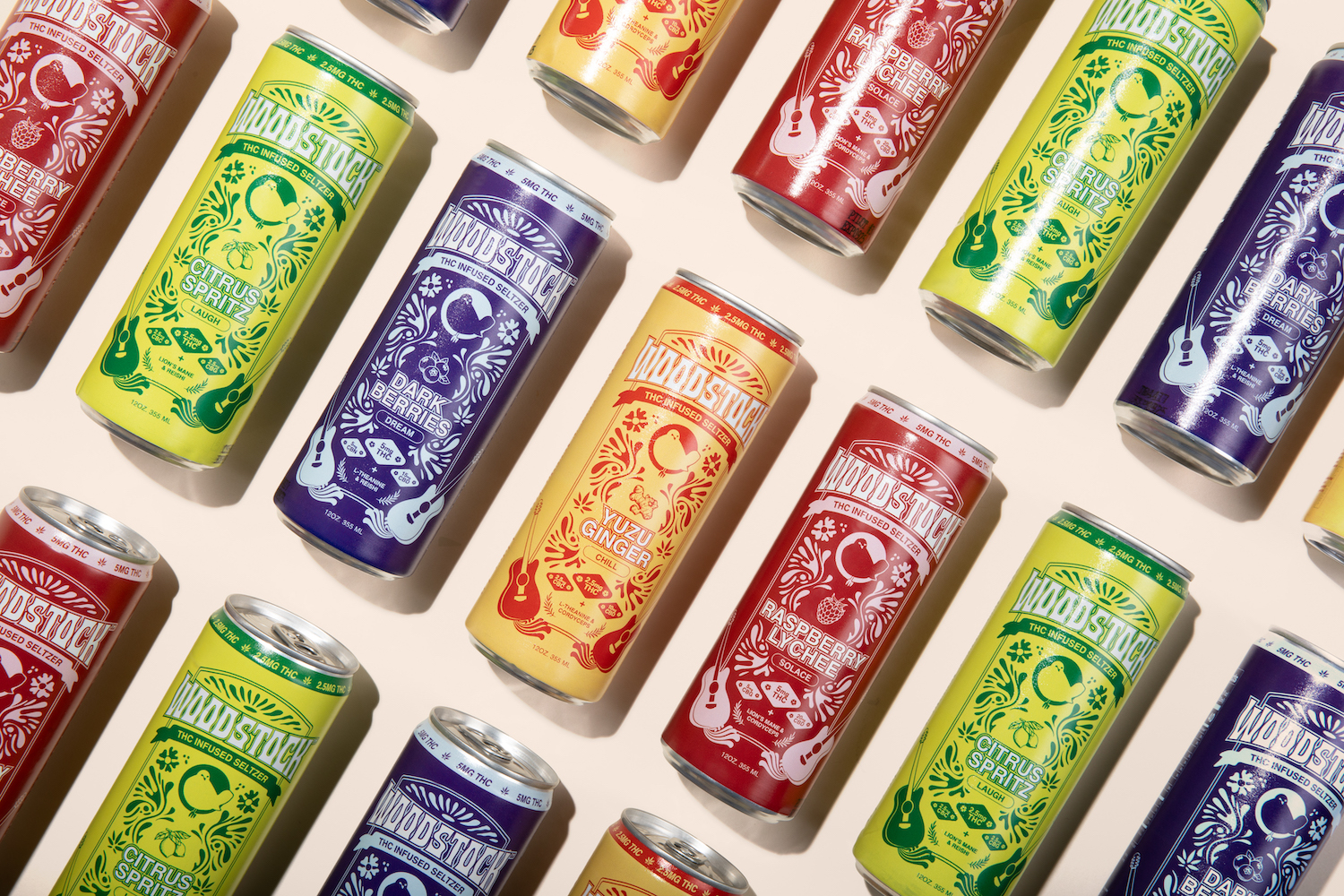 different cans of woodstock thc seltzer lined up in rows