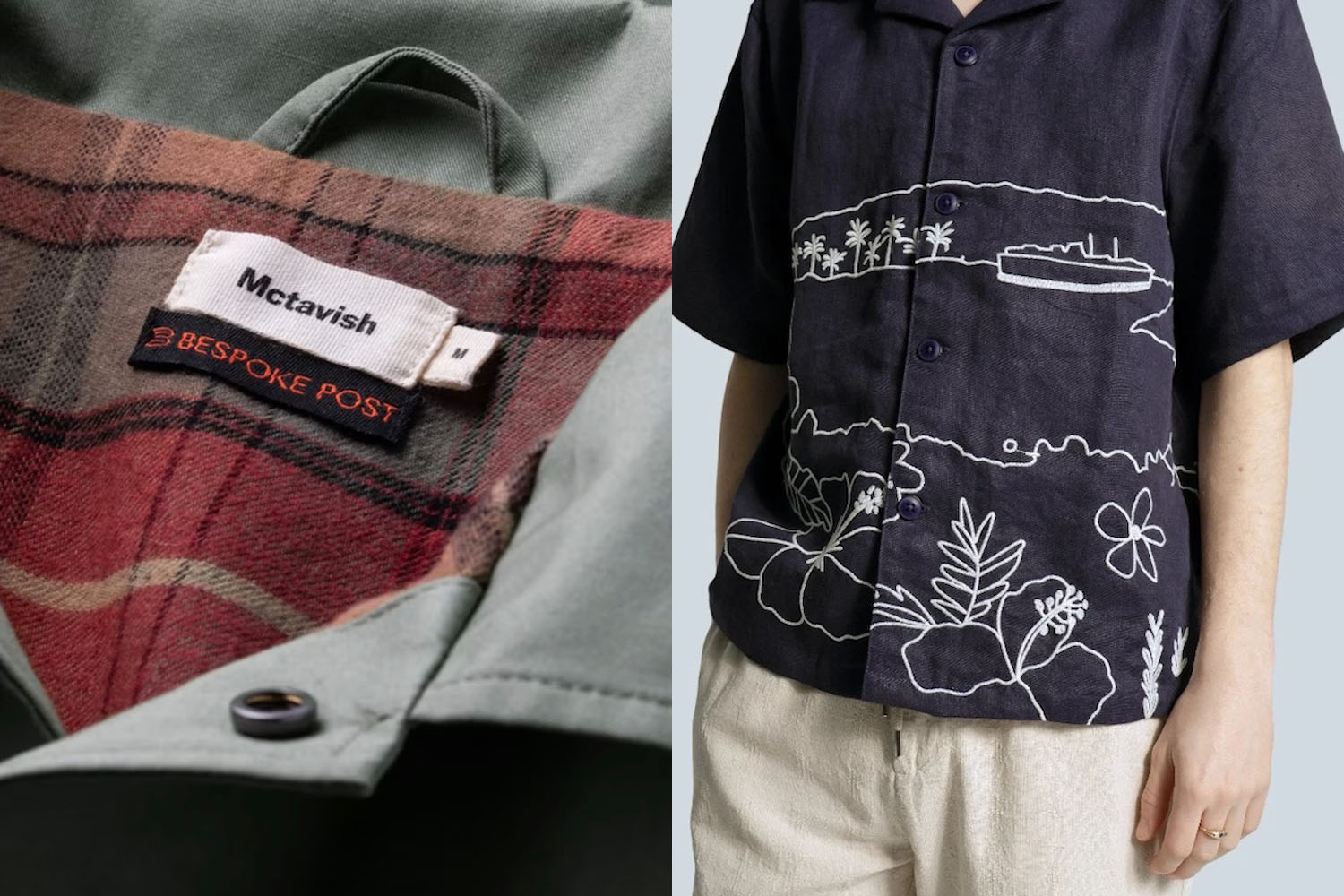 two images of a shirt label and a model in a navy shirt and tan pants