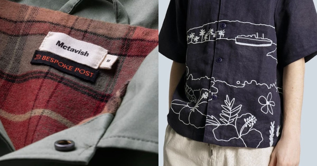 two images of a shirt label and a model in a navy shirt and tan pants