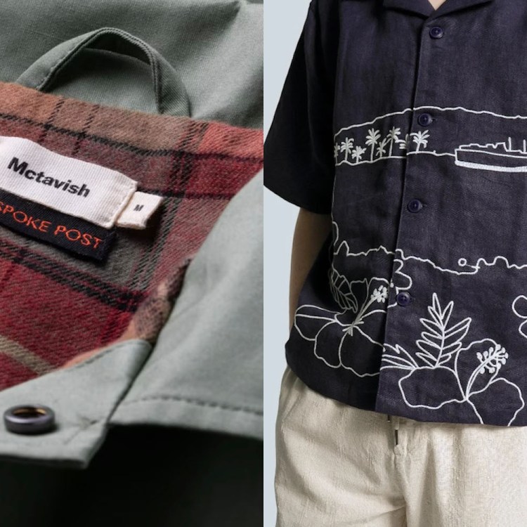 two images of a shirt label and a model in a navy shirt and tan pants