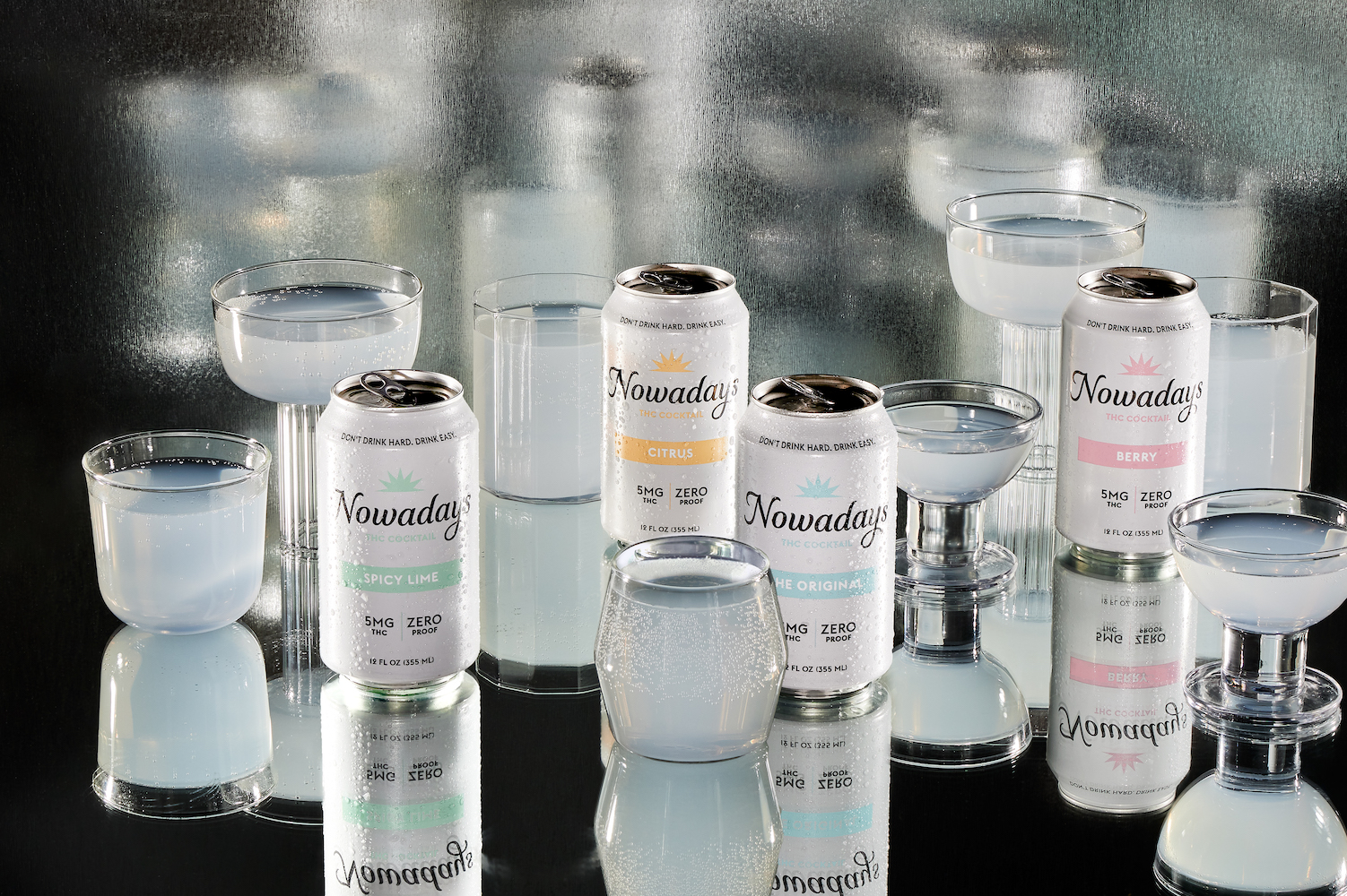 Cans and glasses of Nowadays canned THC beverage