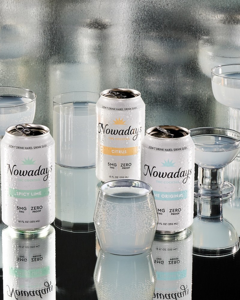 Cans and glasses of Nowadays canned THC beverage