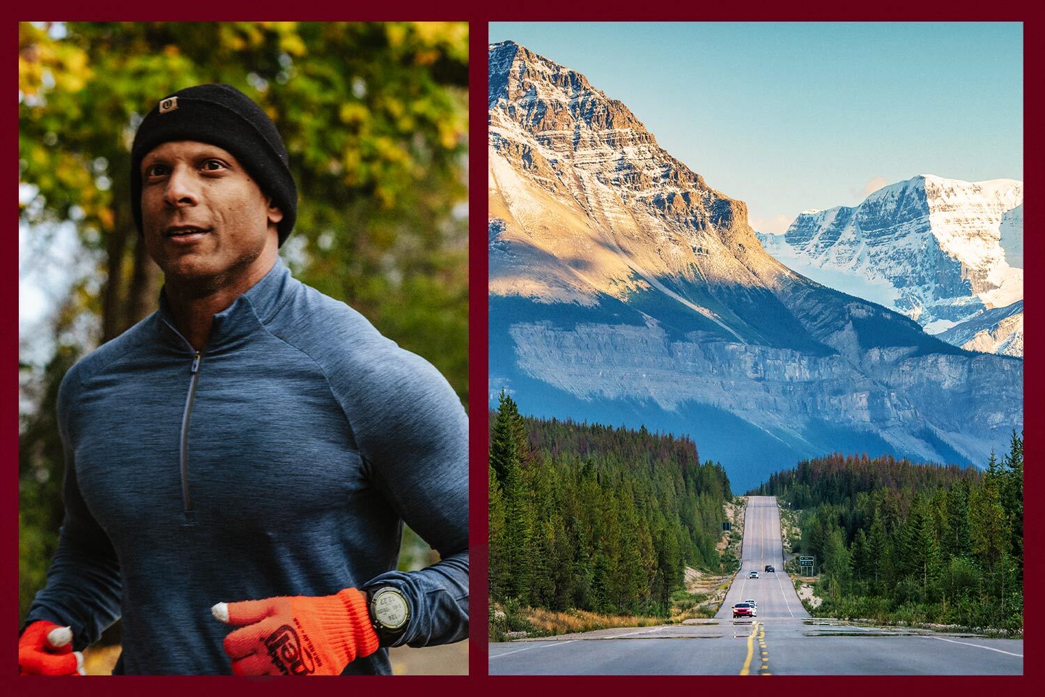 On left, an image of Sachin Latti running. On right, the open road in Canada.