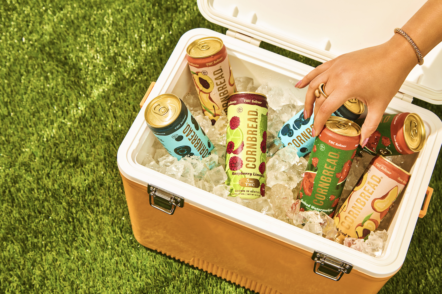 Cornbread Seltzers in a cooler with a hand reaching in