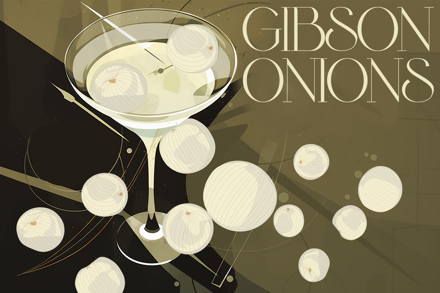 an illustration of a martini with gibson onions around it