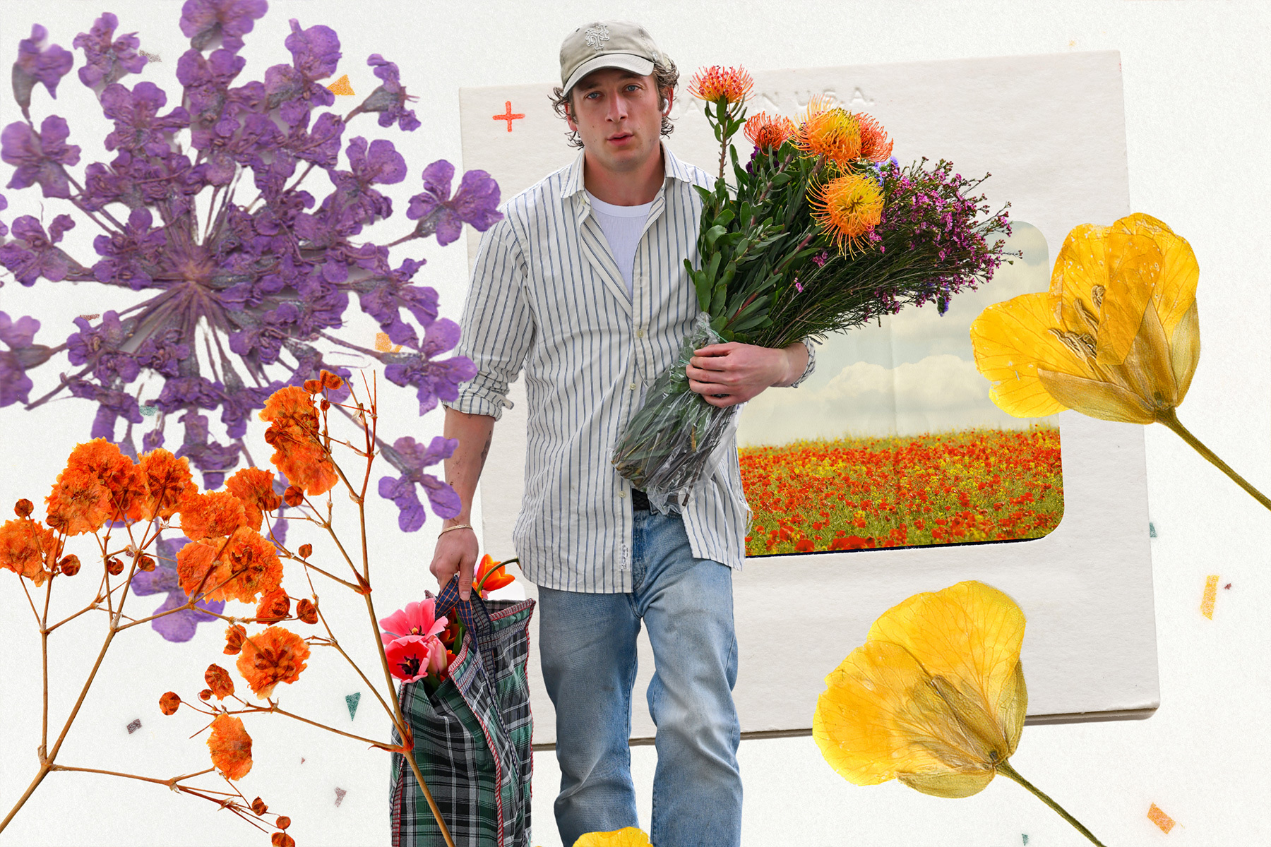 Jeremy Allen White holding a bouquet of flowers.
