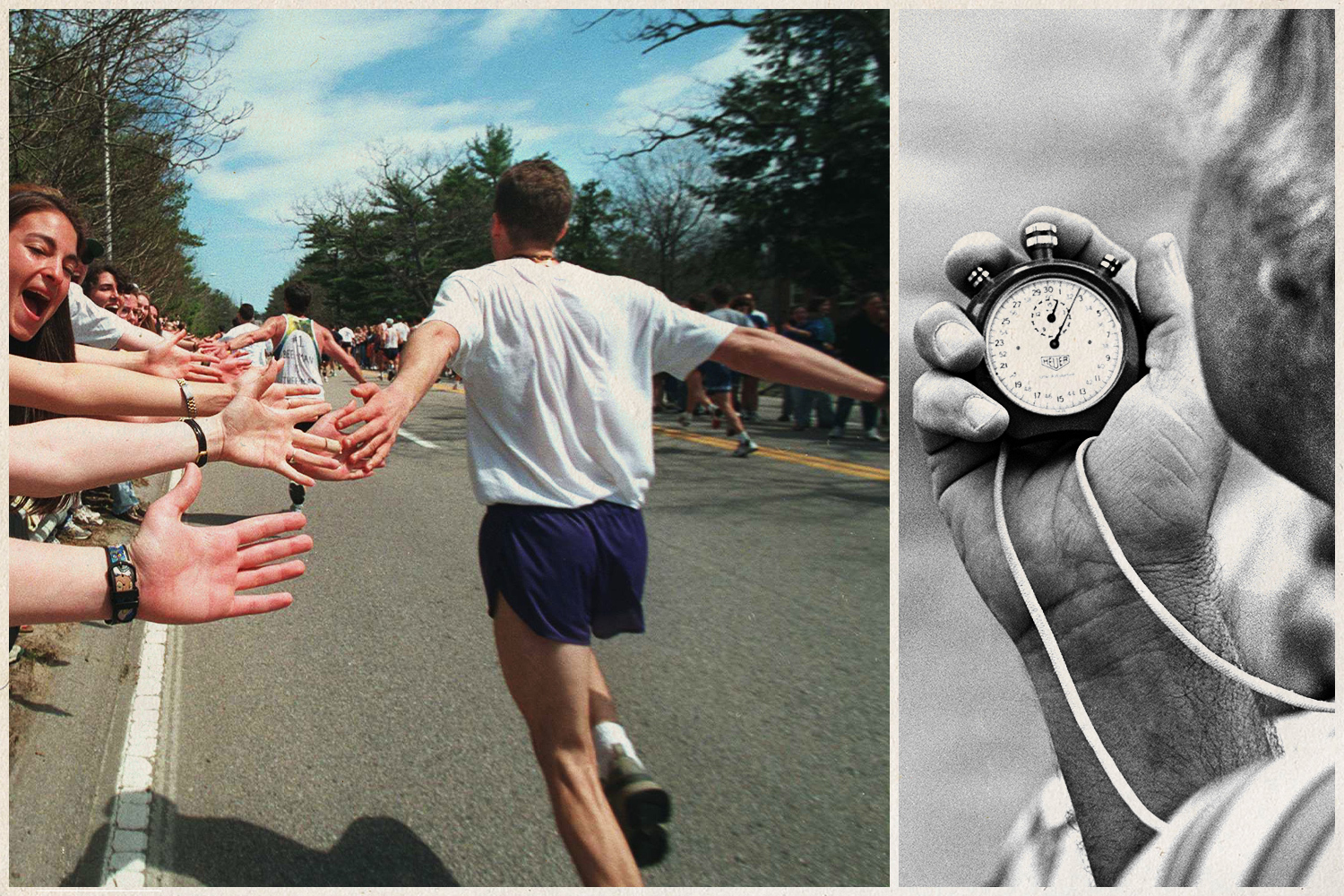 Runner high-fiving spectators at the Boston Marathon alongside a coach holding a stopwatch