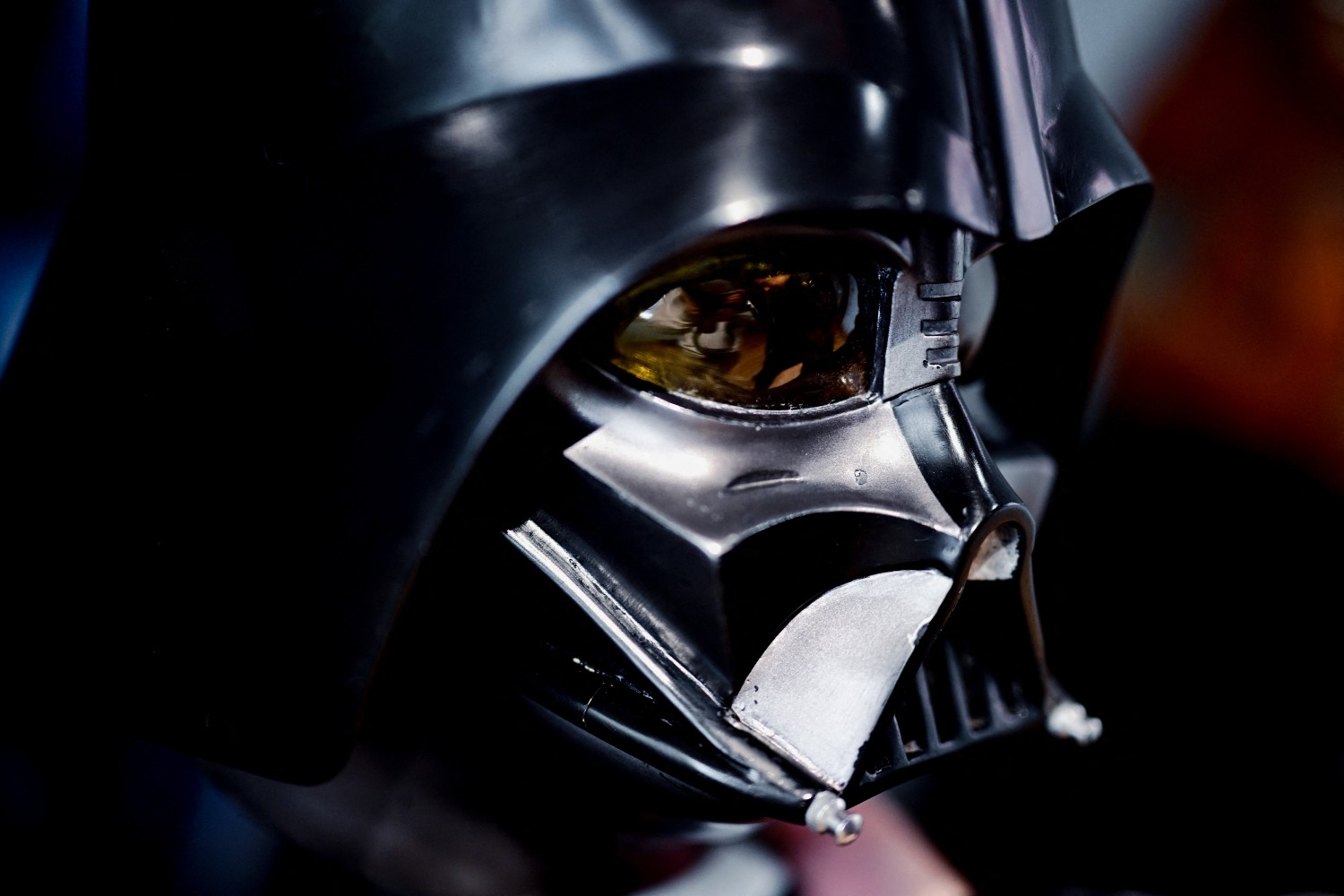 A close-up of Darth Vader's helmet
