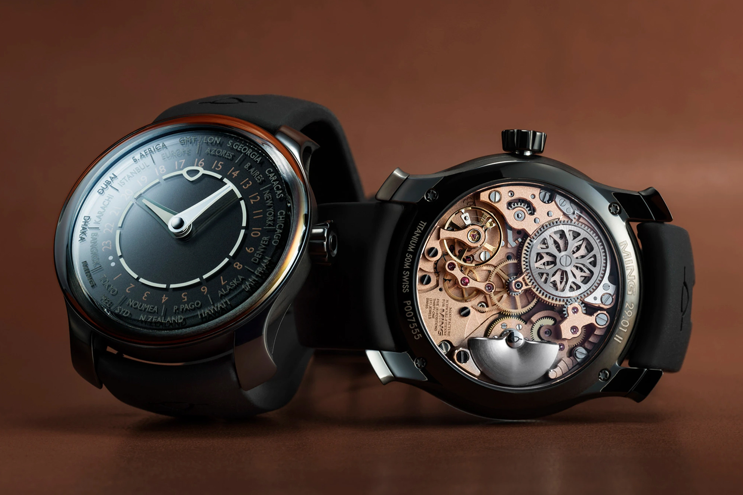 The Ming 29.01 Midnight Worldtimer watch, showing its dial and its see-through caseback