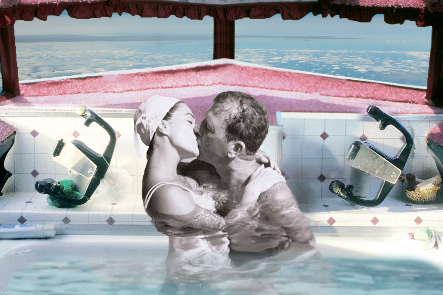 A man and a woman kissing in the cockpit of an airplane, shown in an illustration