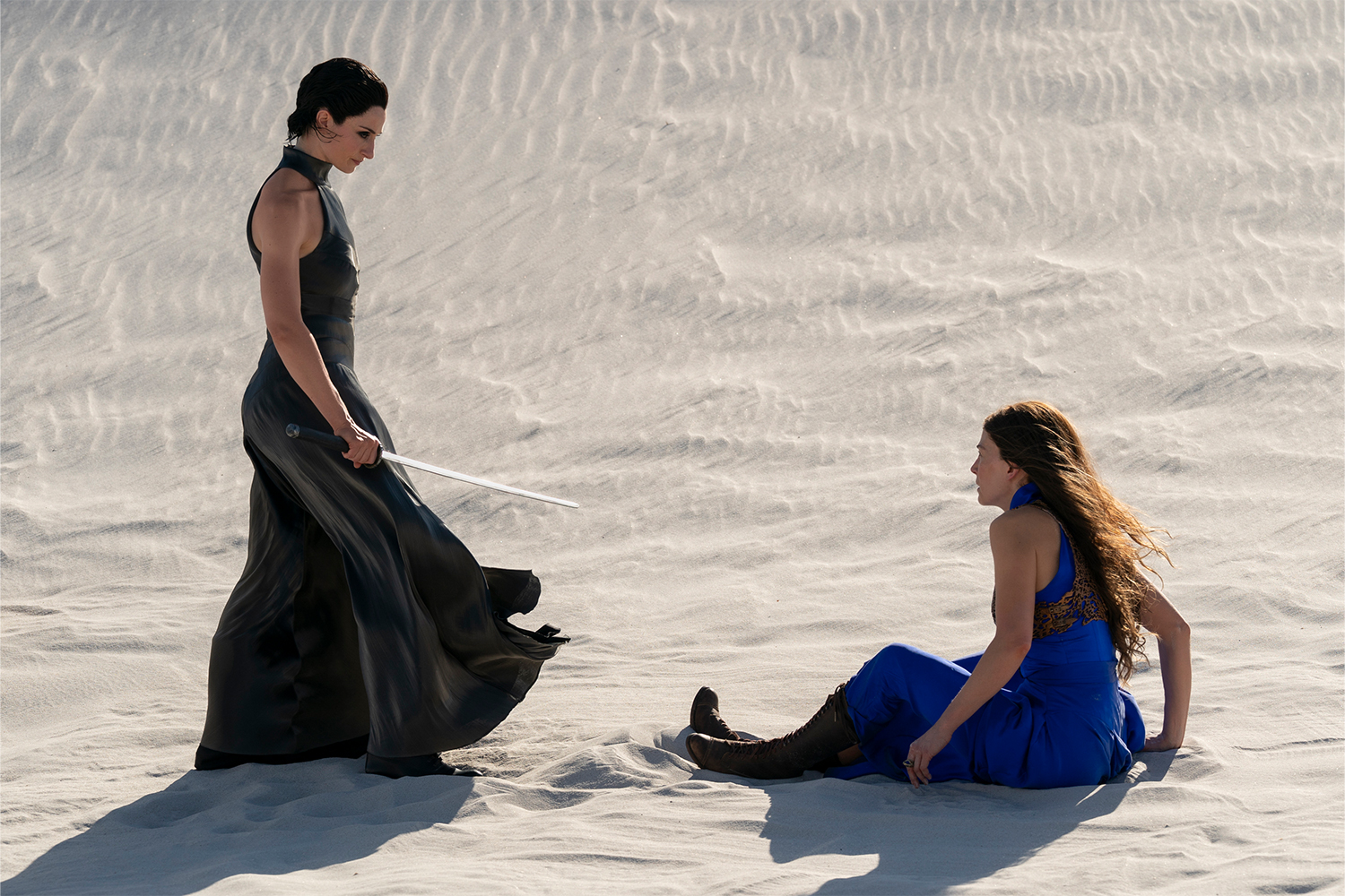 Natasha O'Keeffe as Lanfear and Rosamund Pike as Moiraine Damodred in season three of "The Wheel of Time"