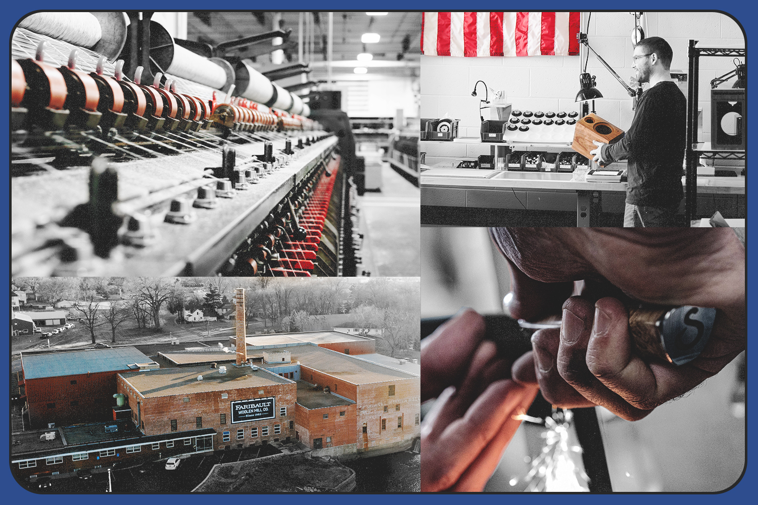 A collage of images of the factories for Faribault Mill, U-Turn Audio and Steelport Knife Co.
