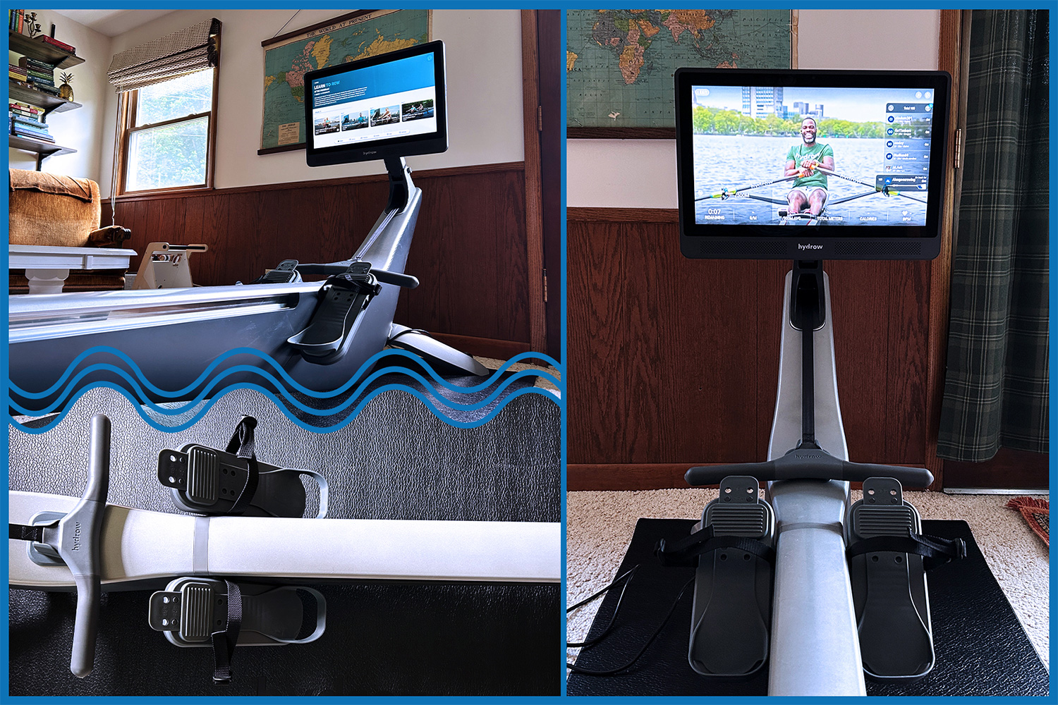 Three photos of the Hydrow Pro Rower in my home. I tested the rowing machine for a month for this review.