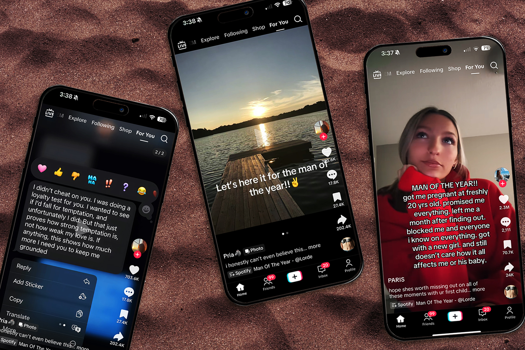 Three phones with screenshots of TIkTok videos