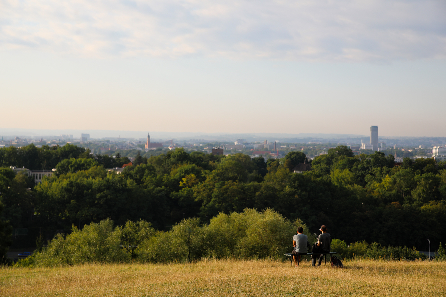 Two men sitting on a hill overlooking a forest view.