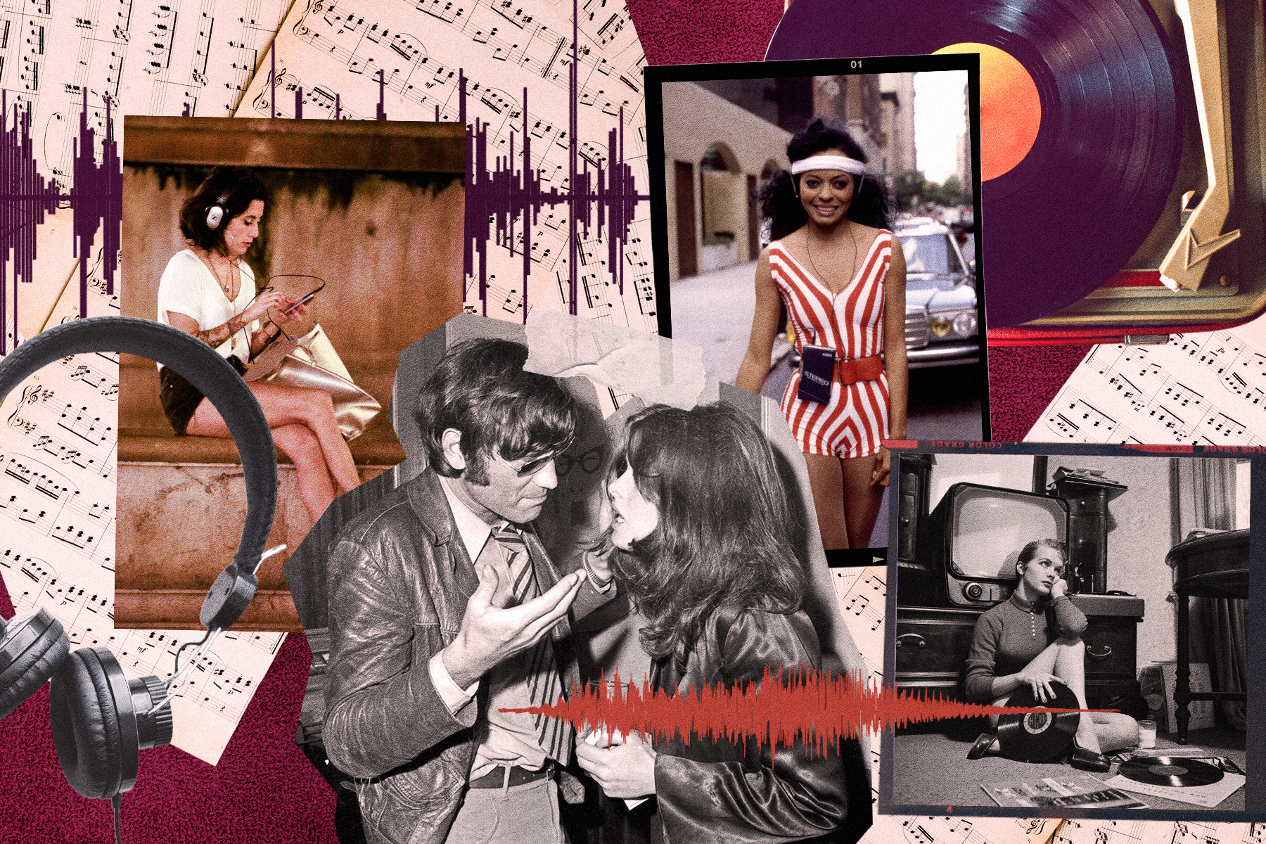 A photo illustration of women listening to music and a man and woman talking about music