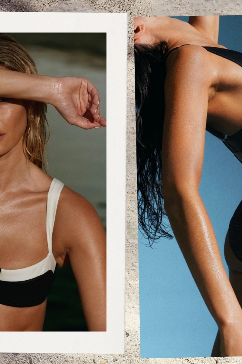a photo of a woman in a black and white bikini next to the photo of a woman in a black one-piece swimsuit