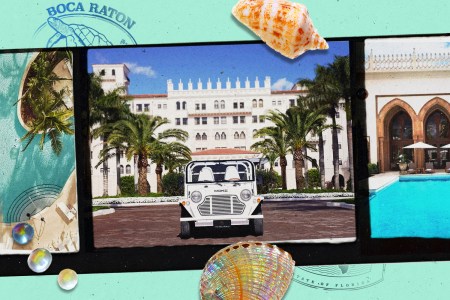 the boca raton hotel in a collage with seashells