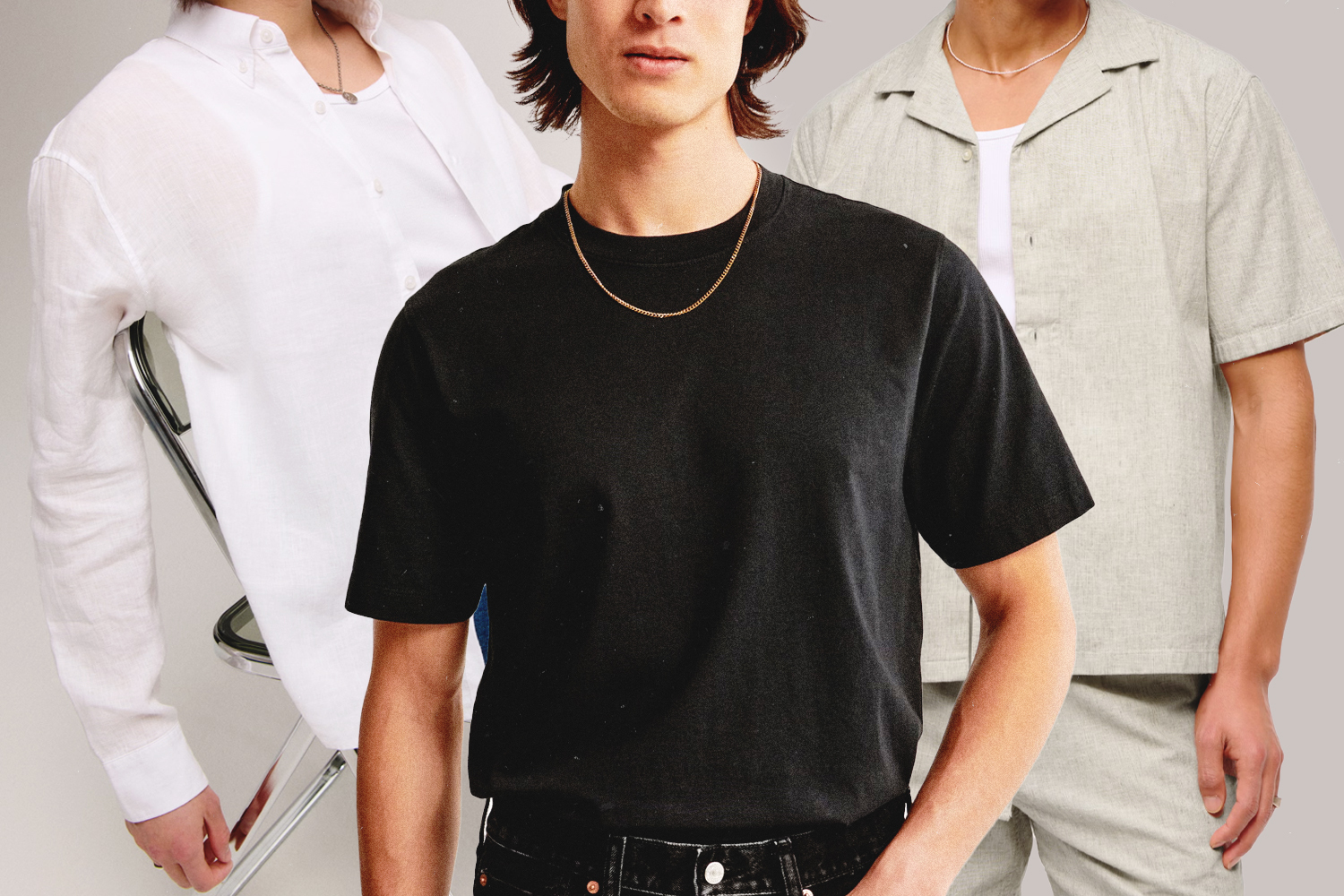 Three different shirts from Abercrombie & Fitch. Left to right: a linen button-down, T-shirt and camp collar shirt
