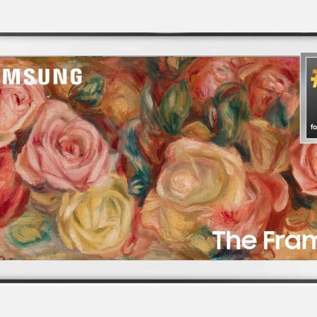 Samsung Frame TV on grey background