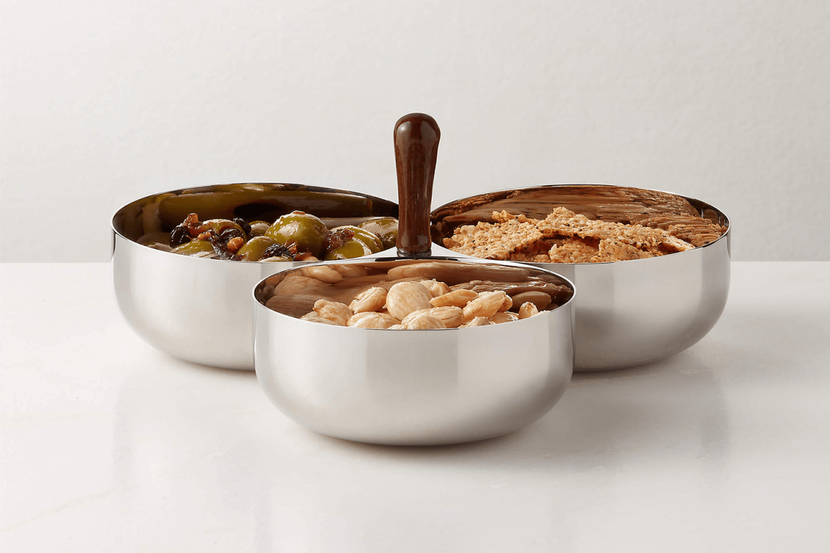 CB2 Kalman Polished Stainless Steel and Walnut Wood Serving Bowl Trio