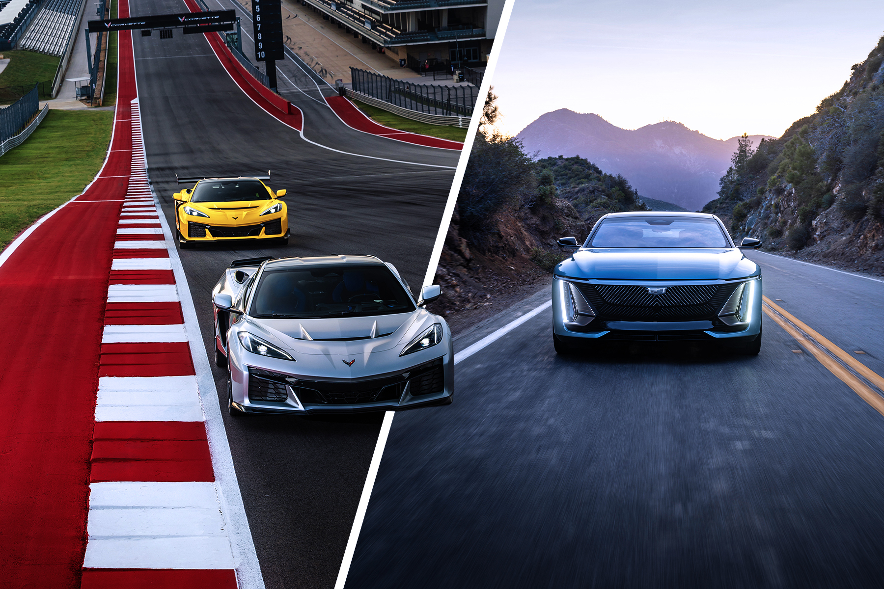 A yellow and white Chevrolet Corvette ZR1X on the left side, with a Cadillac Celestiq EV on the right side