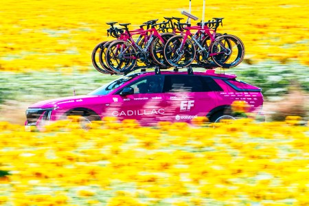 A pink Cadillac Lyriq with bicycles on a roof rack driving through a field of yellow flowers during the Tour de France