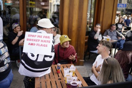 Oasis fans with beer