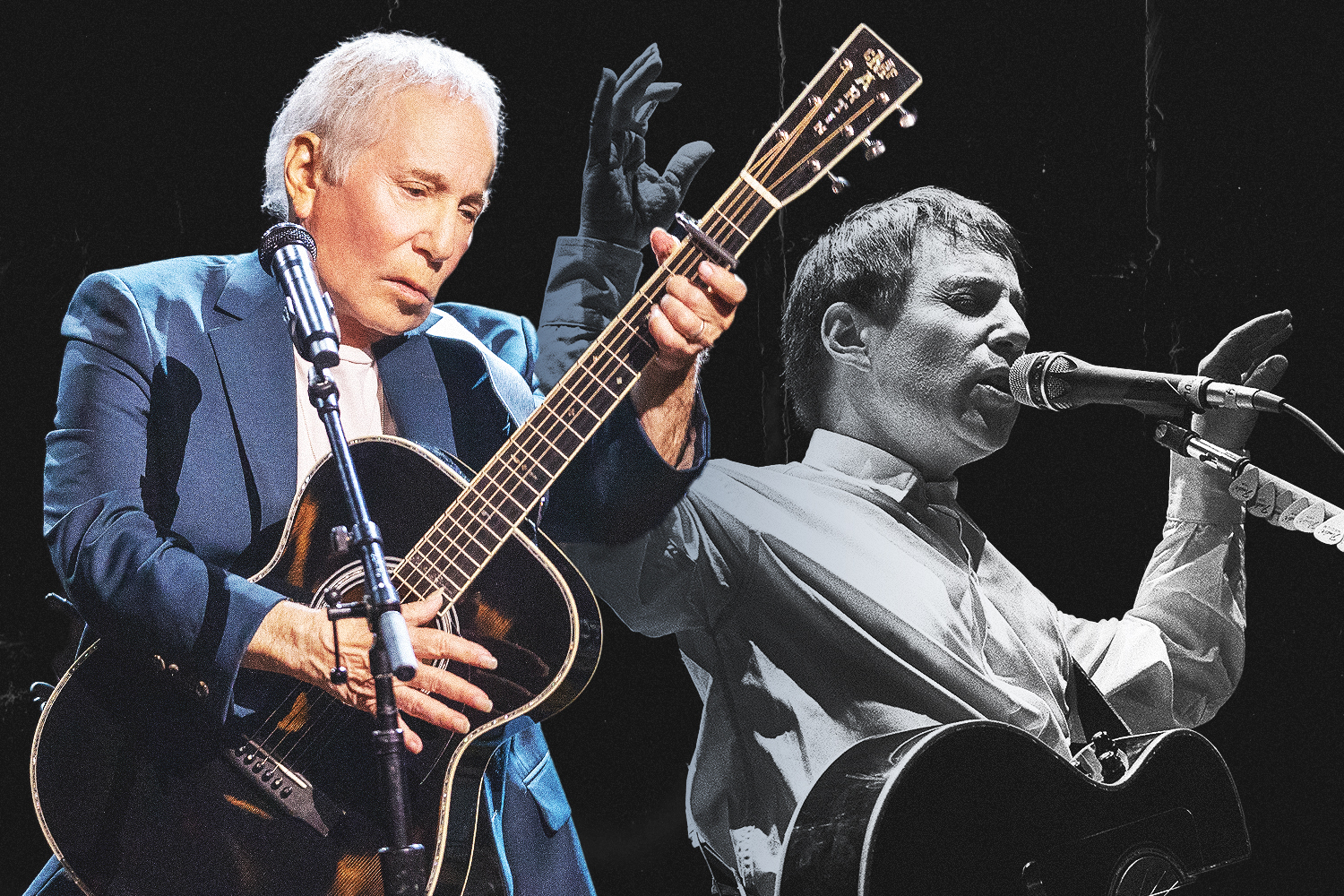 Left: A photo of Paul Simon performing during the "Homeward Bound" special on December 21, 2022; Right: Simon on stage in Rotterdam in February 1987.