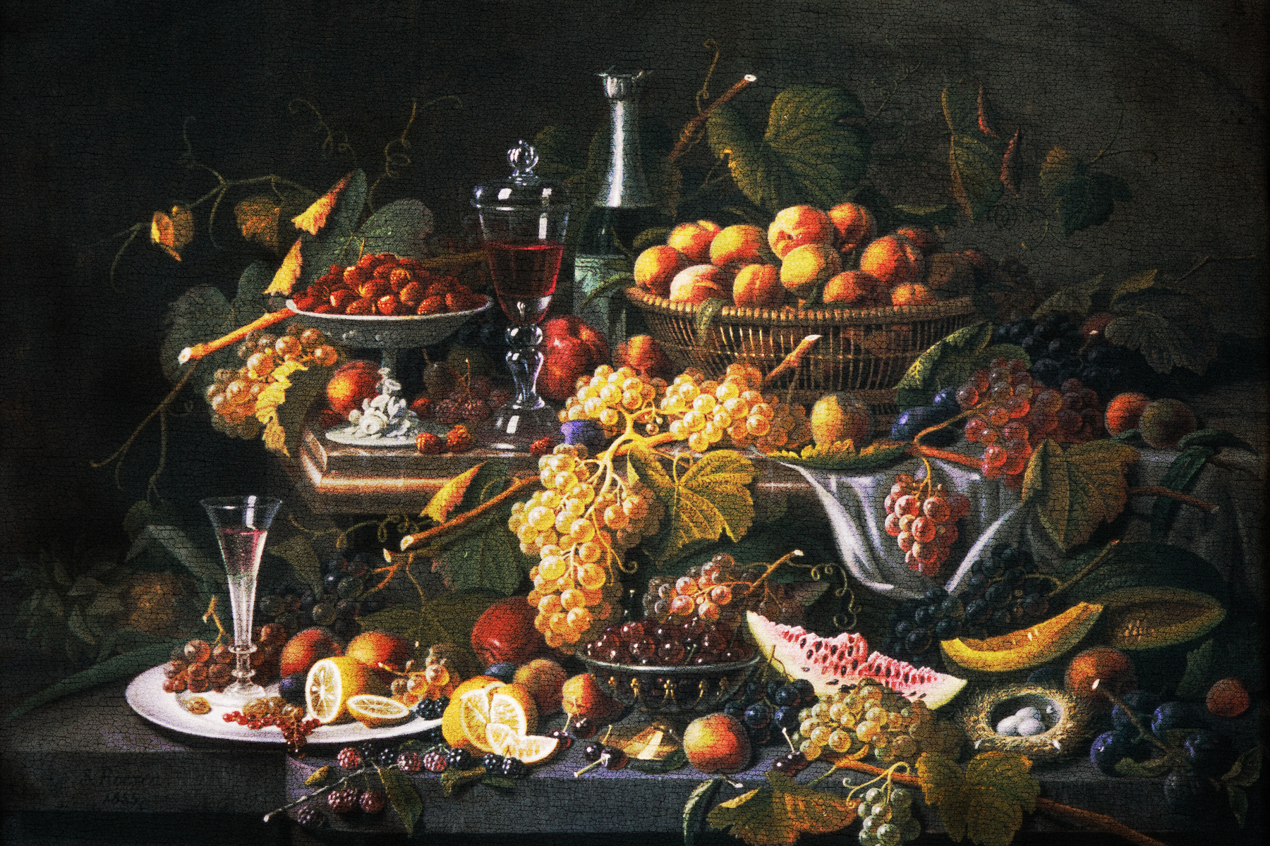 an old school oil painting of a table filled with fruit and wine
