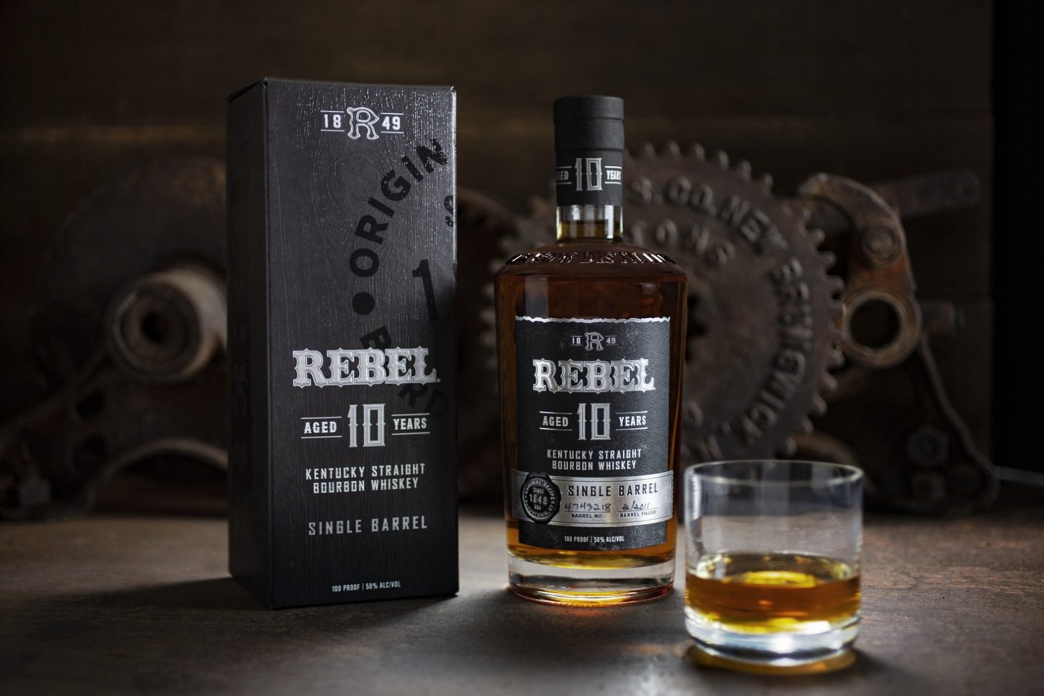 Bottle and box of Rebel 10 bourbon