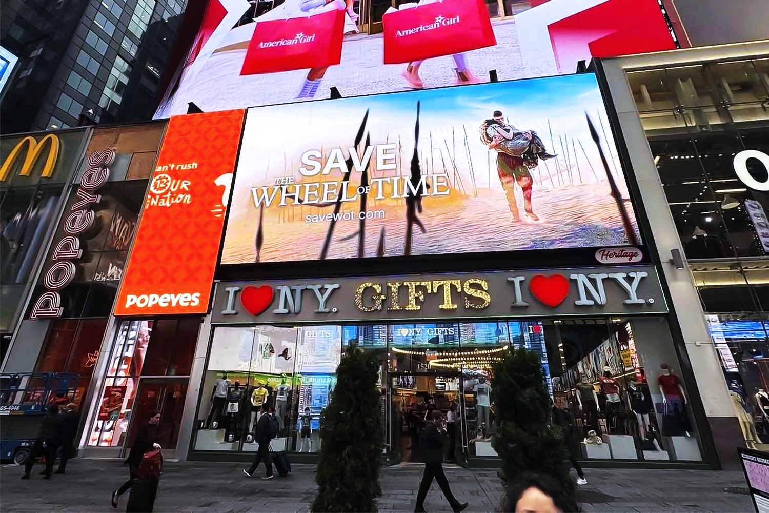 A digital billboard for the Save The Wheel of Time (SaveWOT) campaign running in Times Square