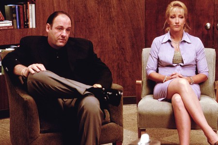 James Gandolfini as Tony Soprano and Edie Falco as Carmela Soprano seek counseling.