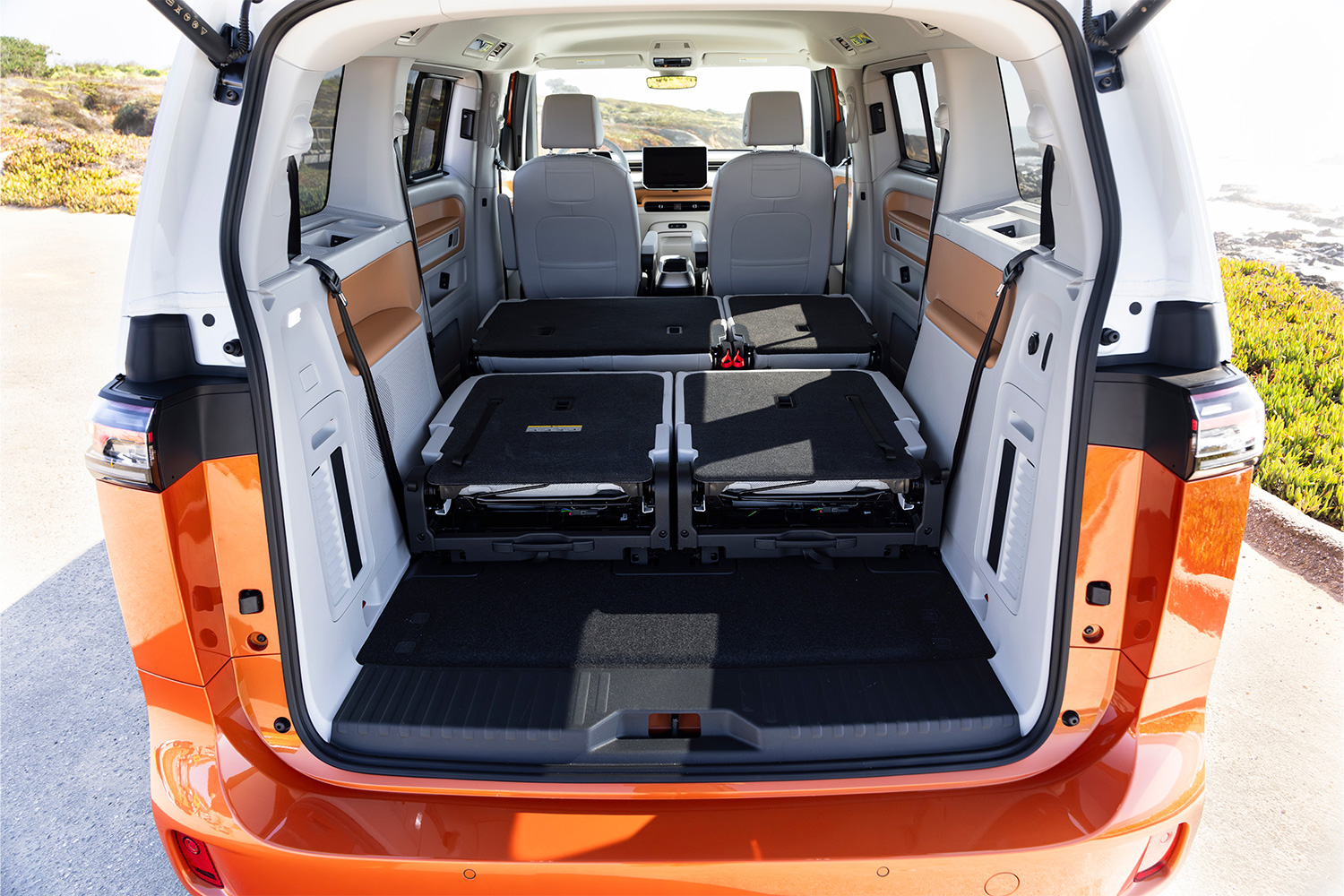 The cargo space in the Volkswagen ID. Buzz, seen here with the back two rows folded down