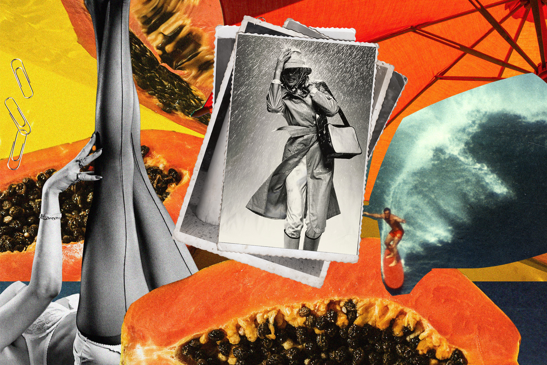 A collage with a woman's legs, fruit and a man surfing on an orange background.