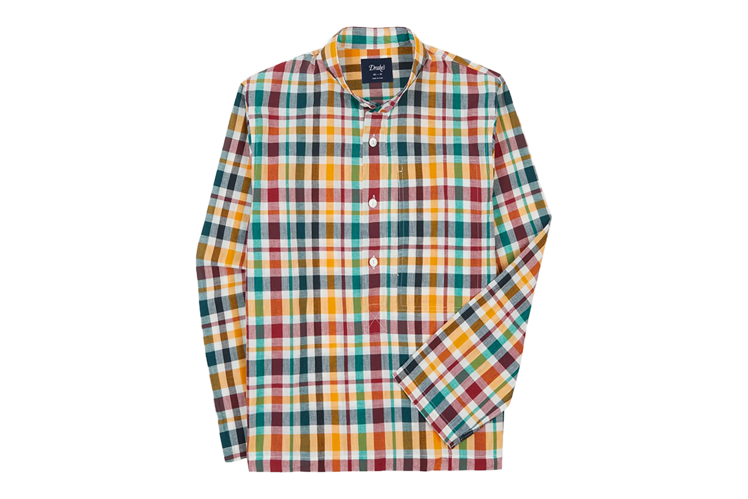 Drake’s Madras Check Cotton Mandarin Collar Popover Shirt