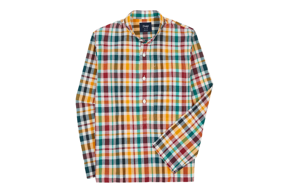 Drake’s Madras Check Cotton Mandarin Collar Popover Shirt