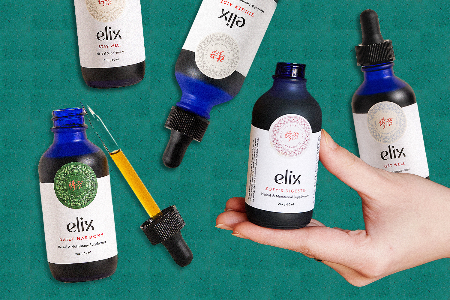 collage of Elix items on teal background