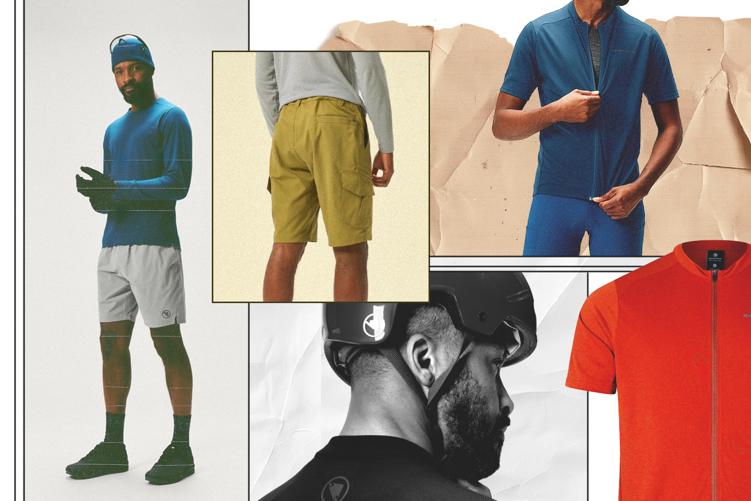 collage of bike clothing and accessories on textured backgrounds