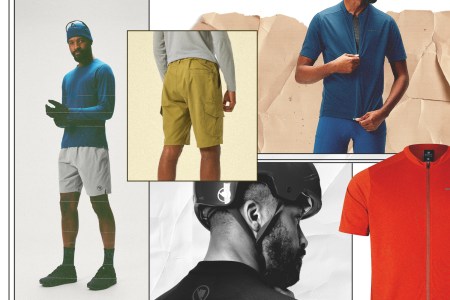 collage of bike clothing and accessories on textured backgrounds