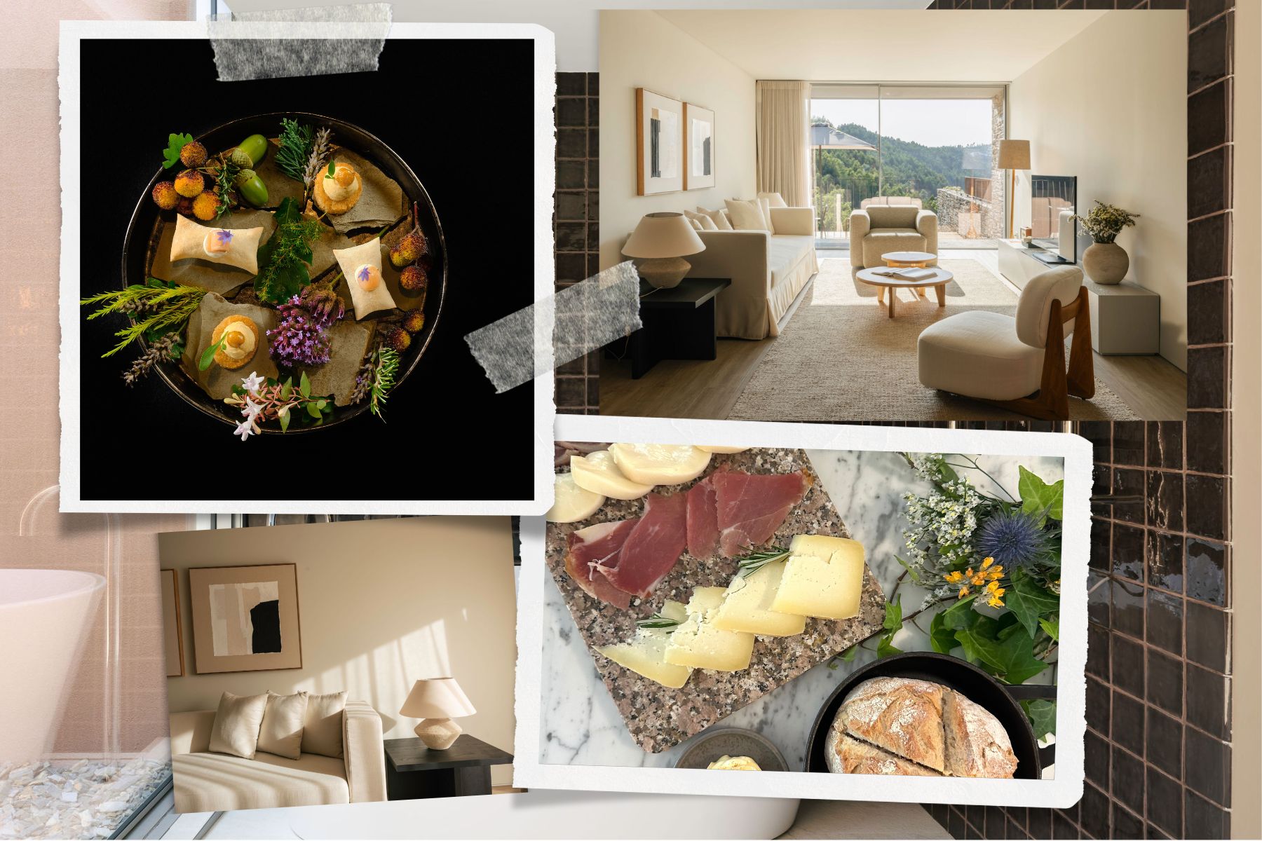 Collage of hotel food and rooms
