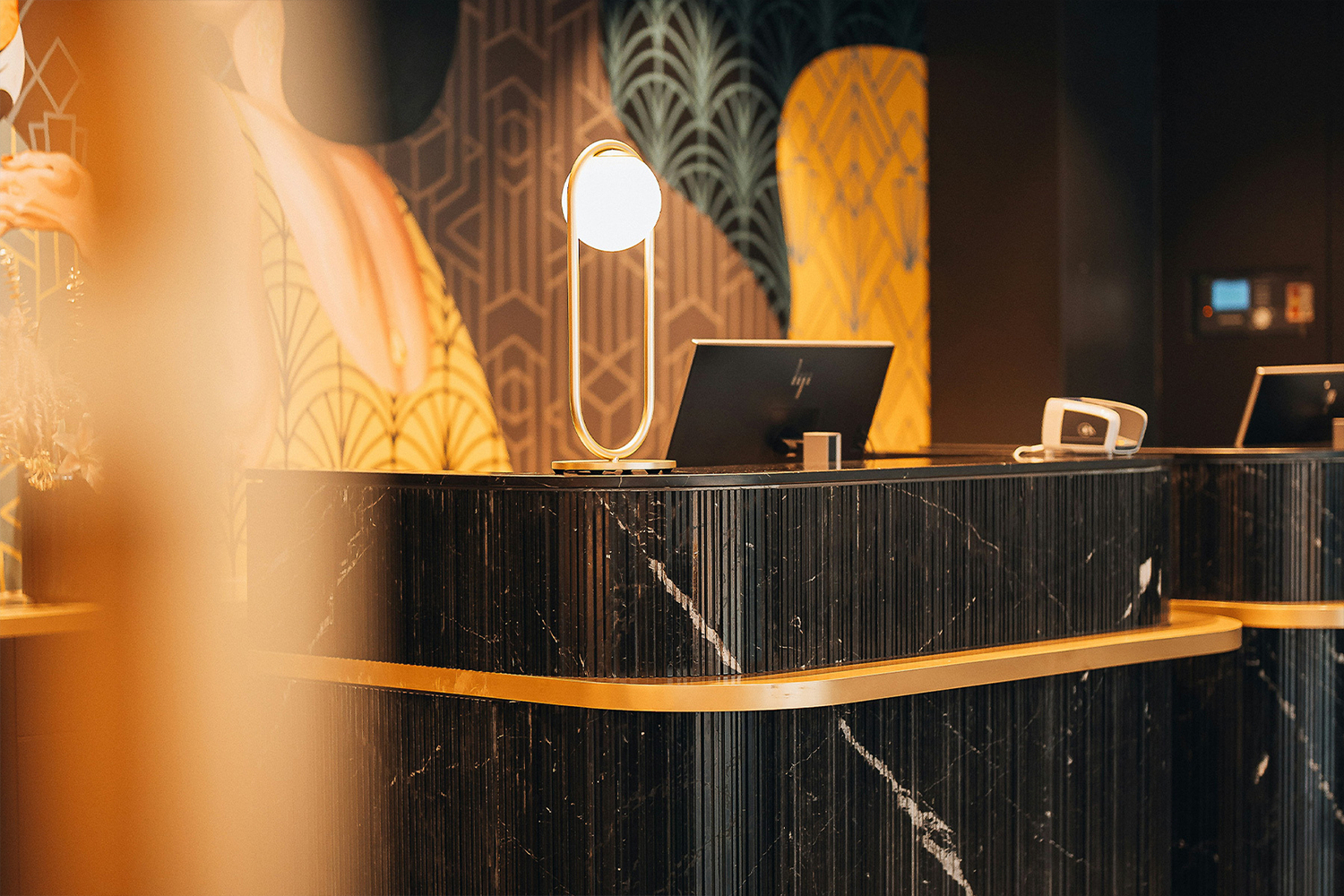 a hotel lobby and check-in desk