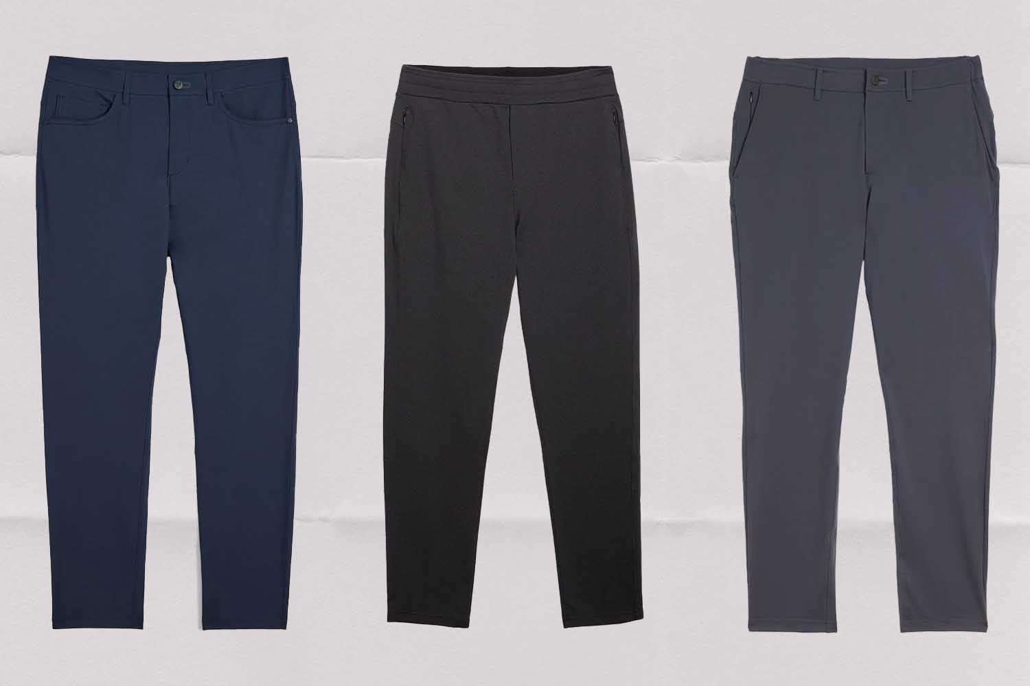 Three different men's pants from Public Rec. All of them are on sale during the brand's 10-year anniversary event.