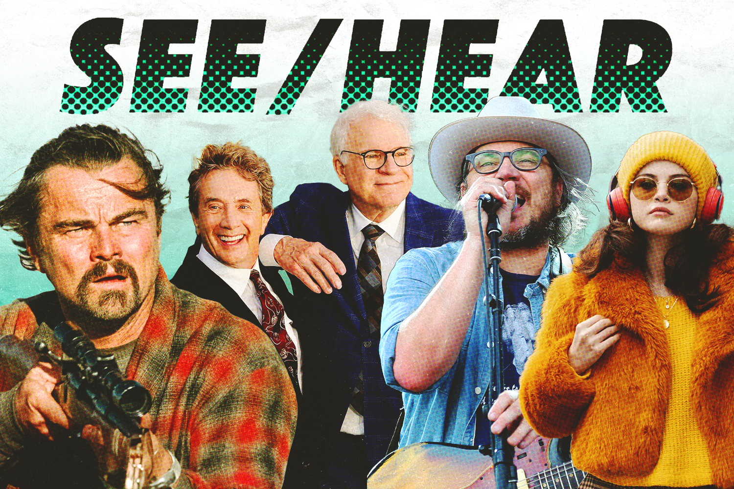 Images from "One Battle After Another" and "Only Murders in the Building" along with Jeff Tweedy