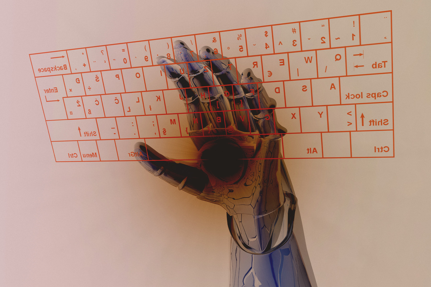 A robotic arm typing on a keyboard