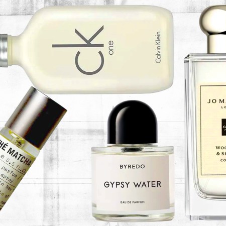 Collage of four unisex colognes on textured white background