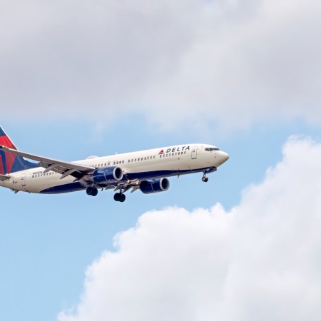 A Delta Airlines plane in flight