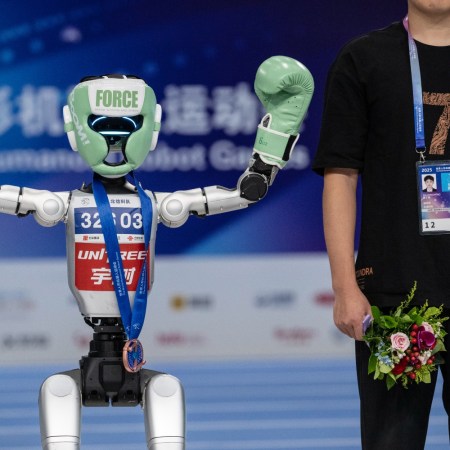 A kickboxing robot flexing